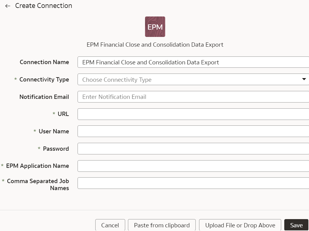 EPM Financial Closeおよび「連結データ・エクスポート接続の作成」ダイアログ