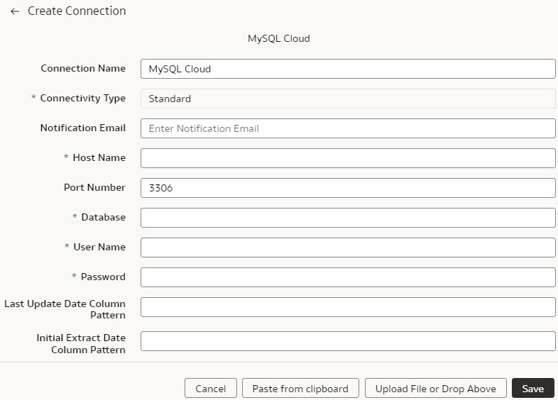 「MySQL Cloudデータベースの接続の作成」ダイアログ