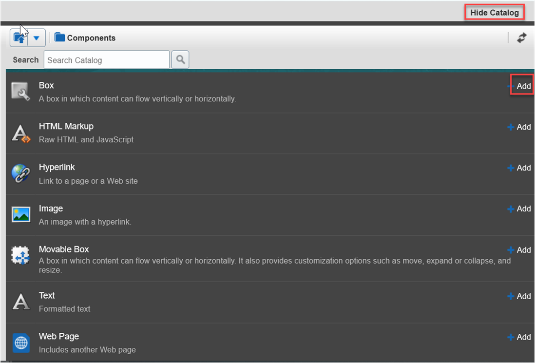 この図は、ページ・コンポーネントを追加できるリソース・カタログ・ペインを示しています。
