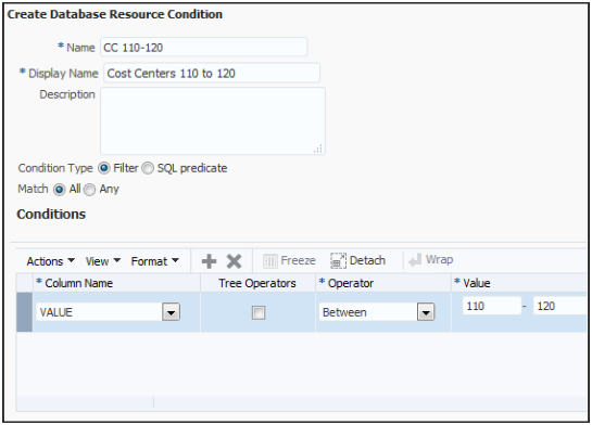 この図は、「データベース・リソース条件の作成」ページを示しています。