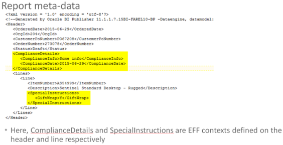 レポートを作成するためにOracle Analytics Publisherに送信する販売オーダーを表すXMLペイロードの例