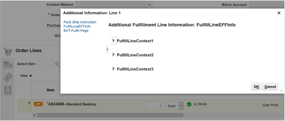 フレックスフィールド・カテゴリDOO_FULFILL_LINES_ADD_INFOを参照する、作成した各拡張可能フレックスフィールドを表示する「追加情報」ダイアログ