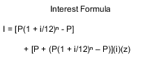 利息算式は、I = [P(1+i/12)n-P] + [P+(P(1+i/12)n-P)](i)(z)です。