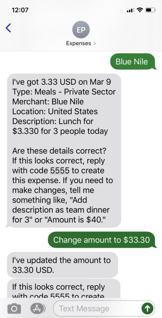 セキュリティ・コードを入力する前に経費を変更する方法のサンプル・スクリーンショットを次に示します。