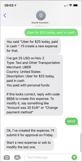 このスクリーンショットは、Expense Assistantが経費の 作成を確認する方法を示しています。