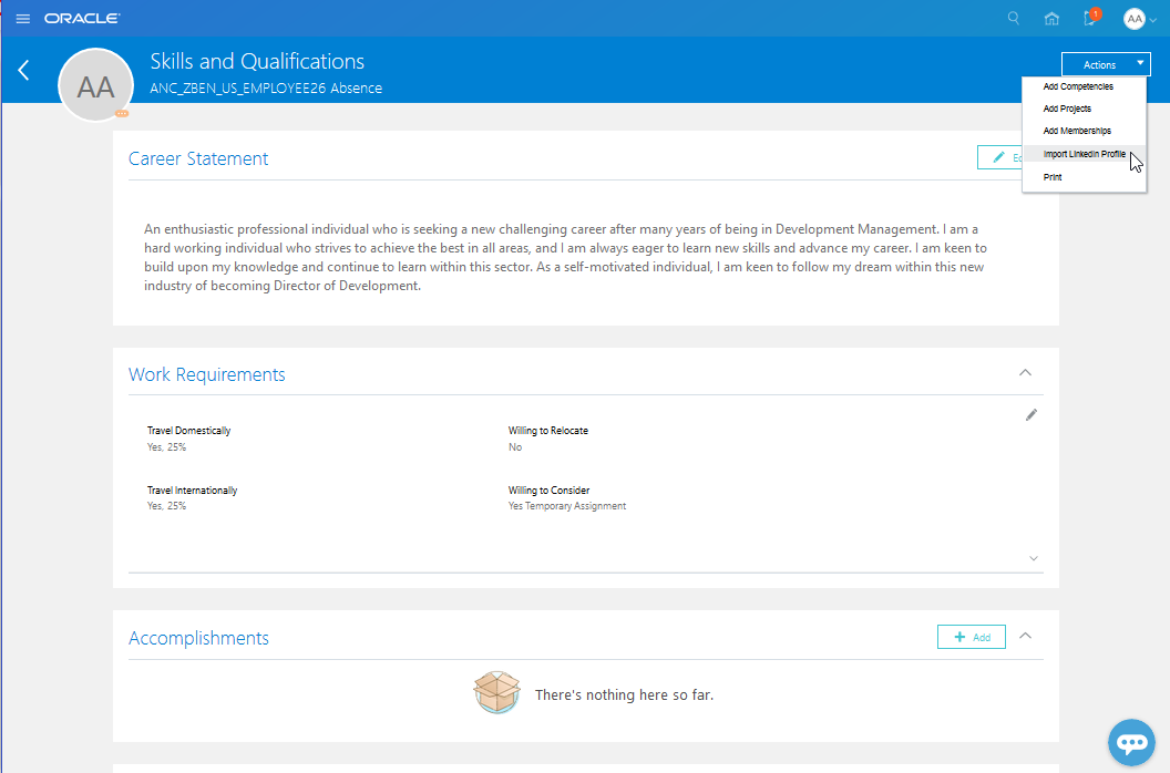 「スキルおよび資格」ページでのLinkedInプロファイルのインポート