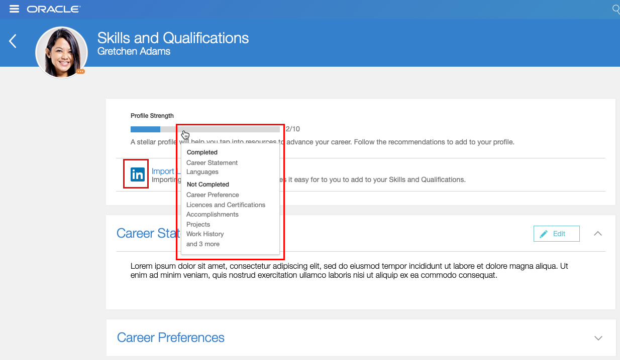 「スキルおよび資格」ページのプロファイルの強さのゲージ