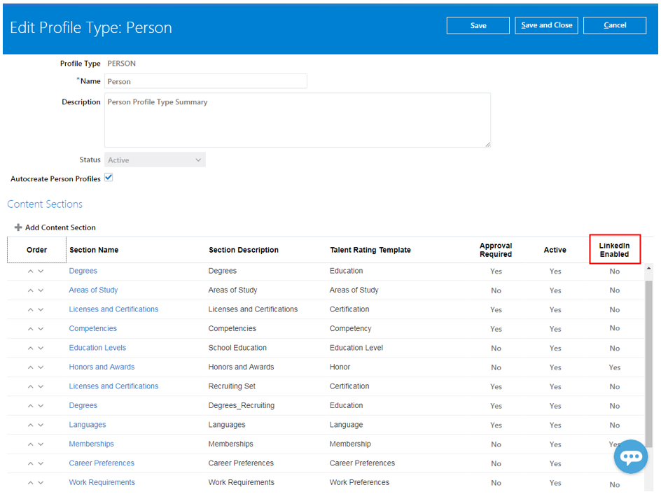 「プロファイル・タイプの編集: 個人」ページでのLinkedInプロファイルのインポートの有効化