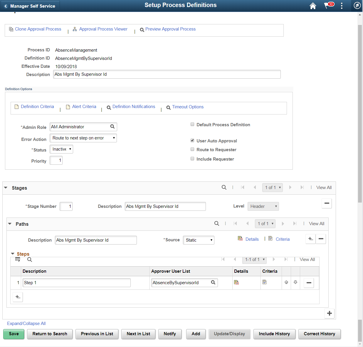 Setup Process Definitions page