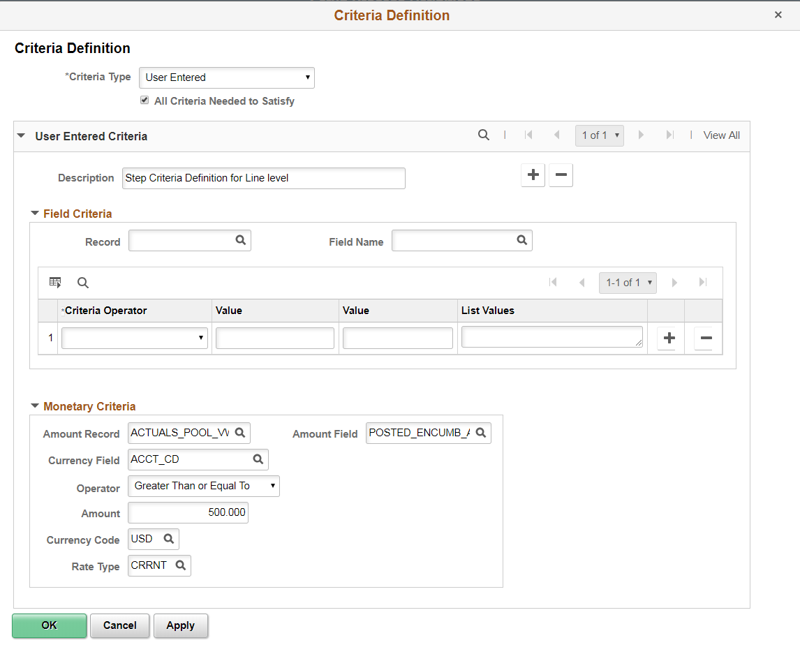 Criteria Definition page showing criteria type User Entered for monetary amount