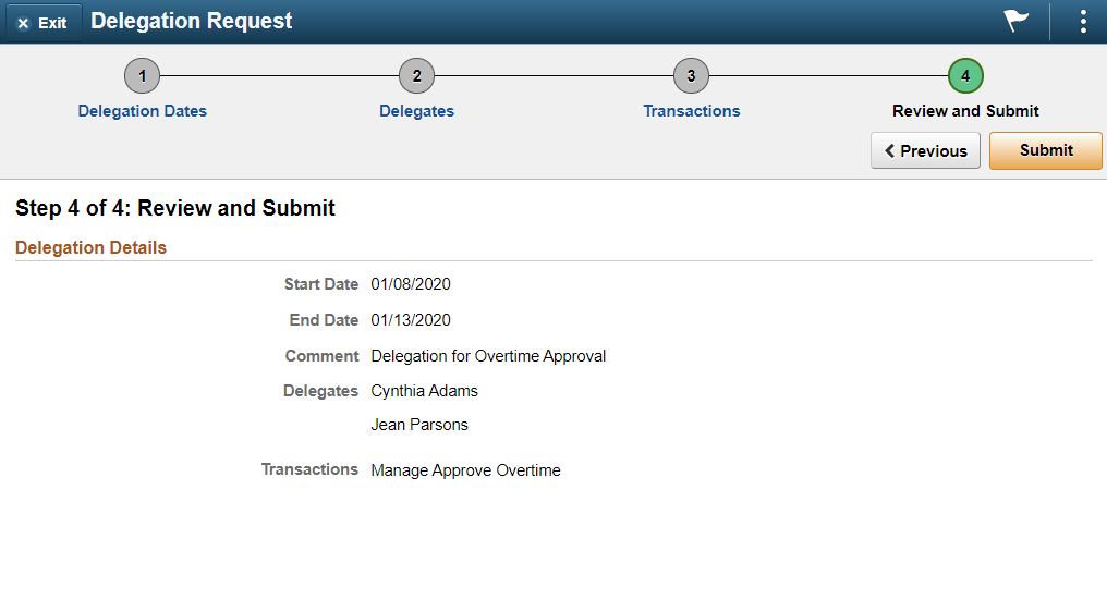 Create Delegation Request Review and Submit page