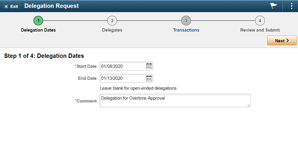 Create Delegation Request Enter Dates page