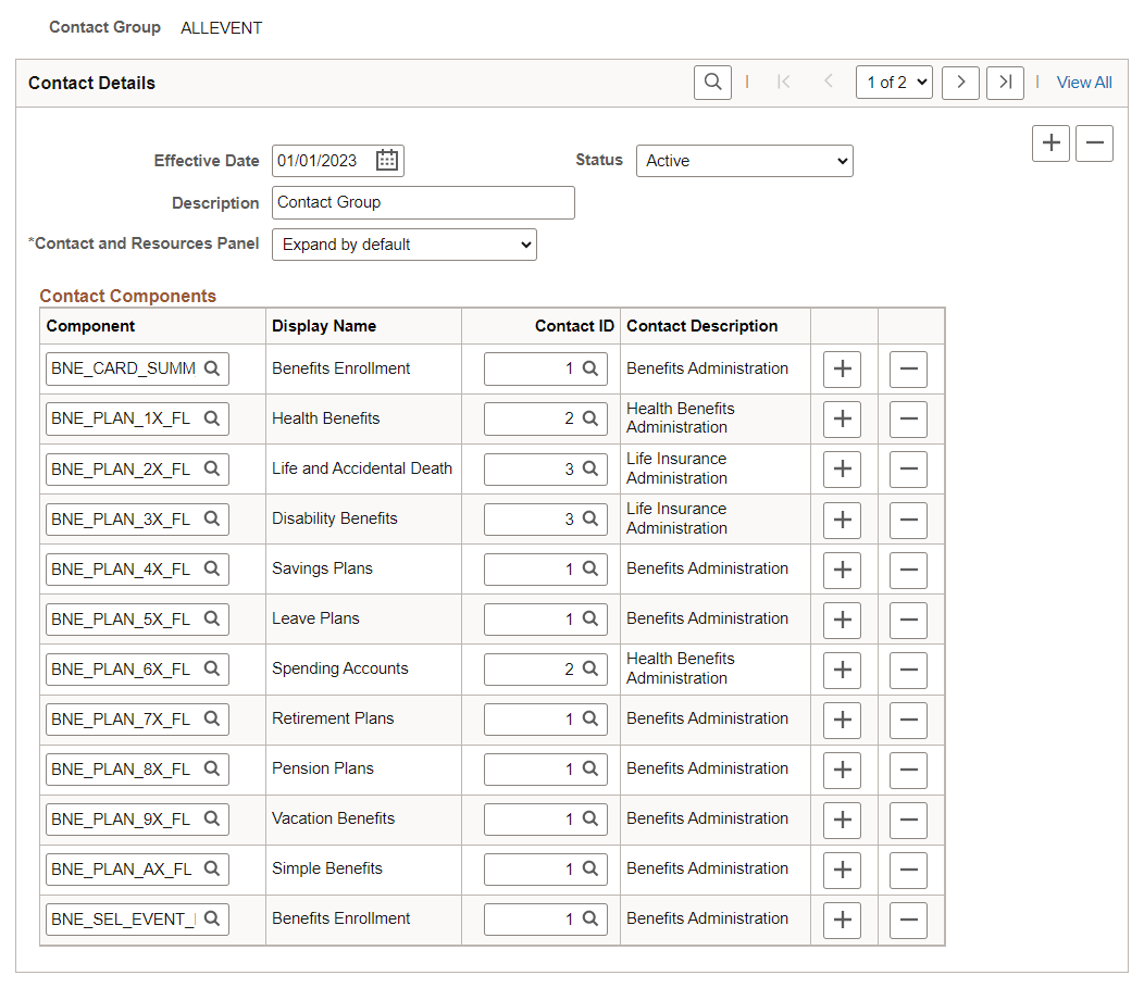 Enrollment Contacts page for ALLEVENT group