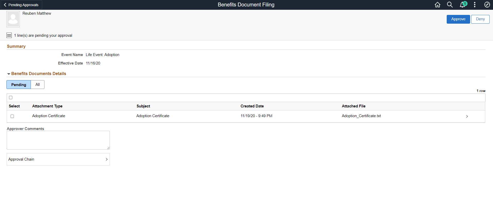 Benefits Document Filing page