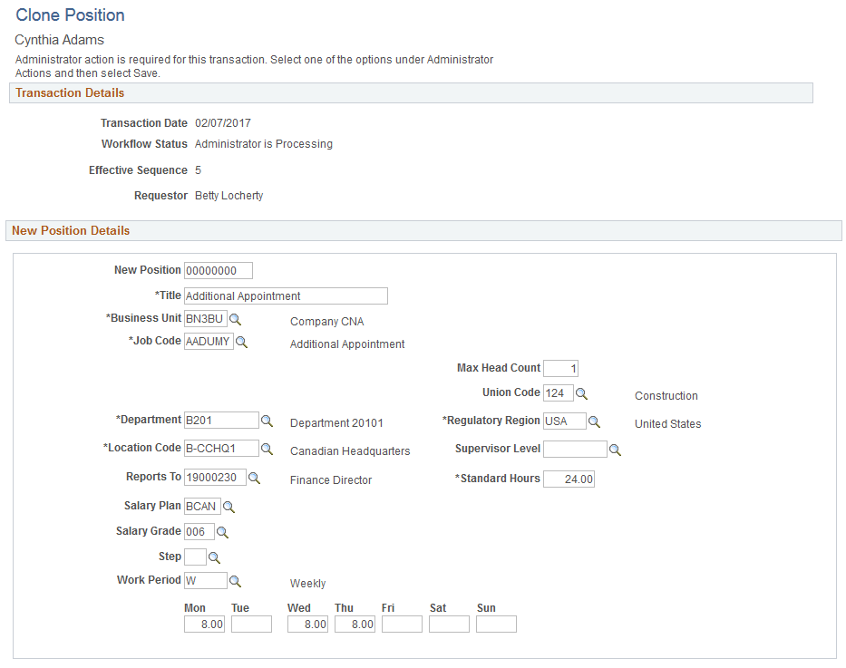 Clone Position page for administrator approval