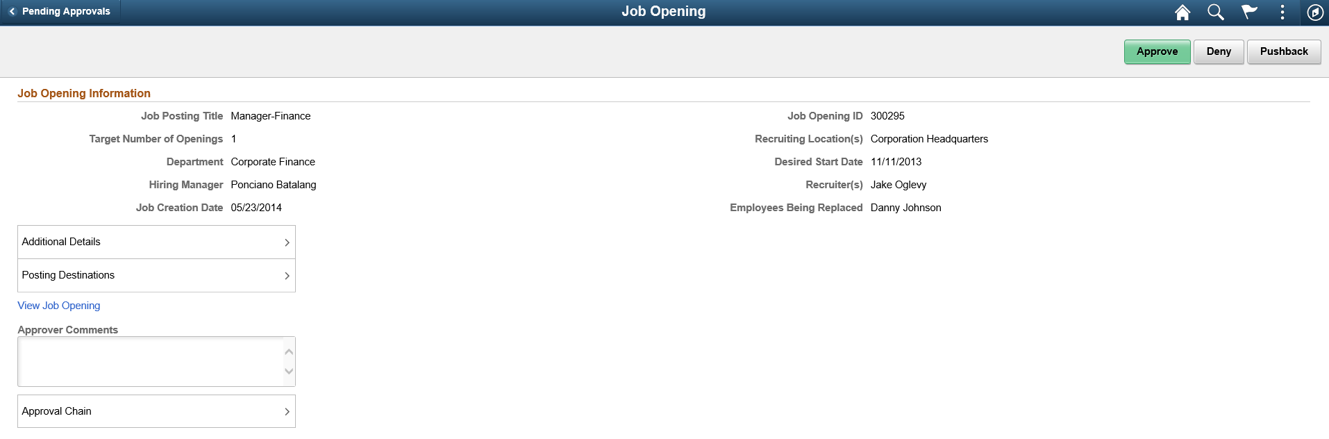 Pending Approvals - Job Opening page