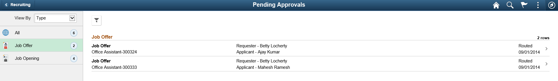 Pending Approvals - Job Offer category