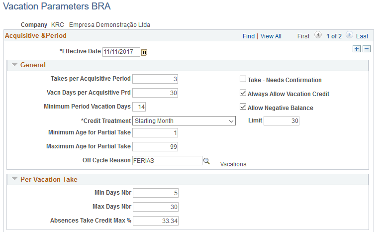 Vacation Parameters BRA page (1 of 2)