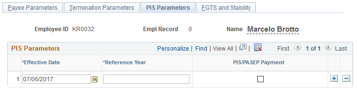 PIS Parameters page