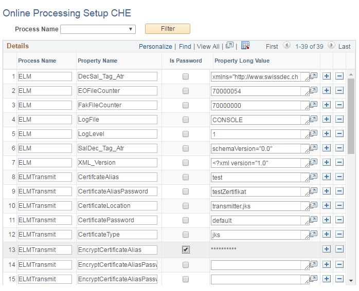 Online Processing Setup CHE page