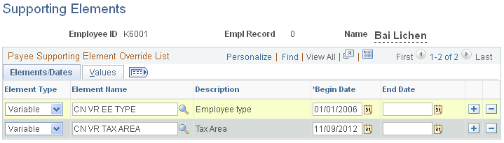 Supporting Elements page, Elements/Dates tab