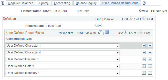 Absence Takes - User Defined Result Fields page