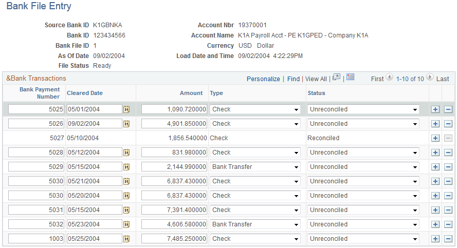 Bank File Entry page