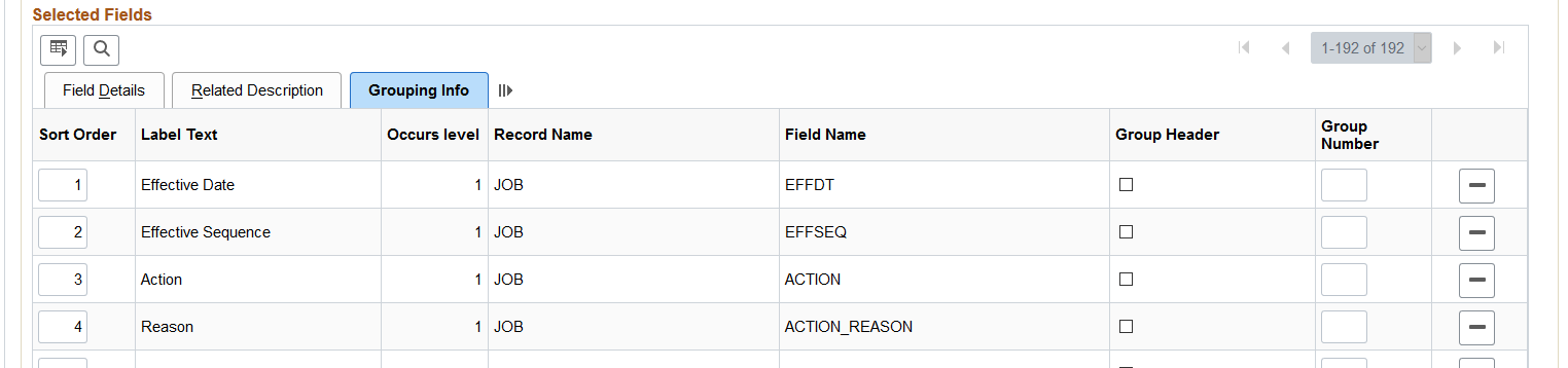 Configure Summary Fields page: Grouping Info tab