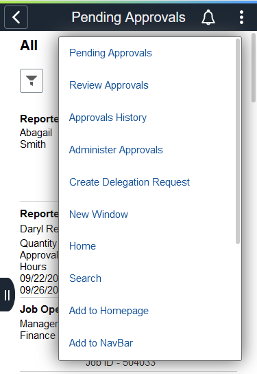 (Smartphone) Action Menu icon showing available options while working with approval requests
