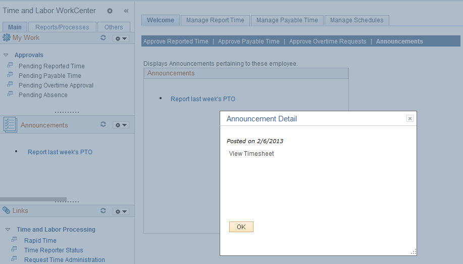Display of announcements on the Time and Labor WorkCenter