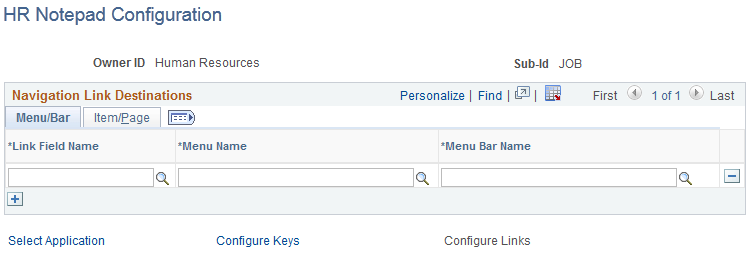 HR Notepad Configuration - Configure Links page: Menu/Bar tab