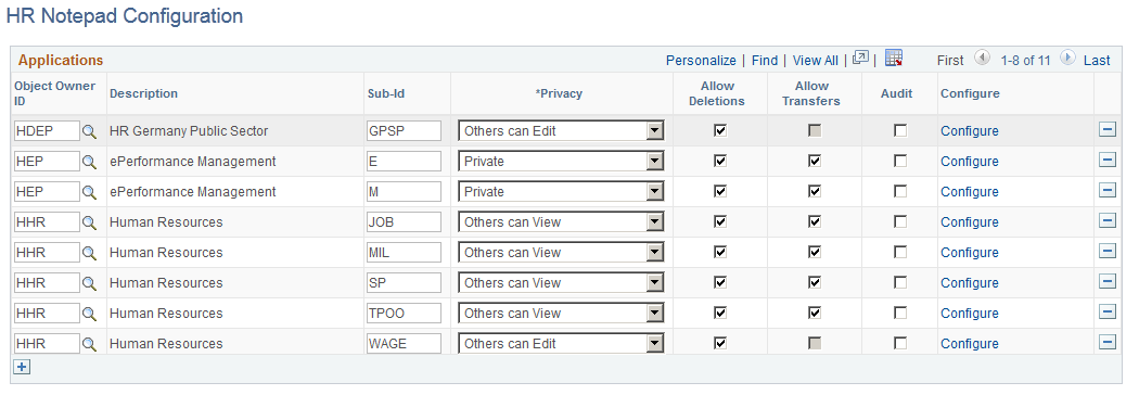 HR Notepad Configuration - Applications page