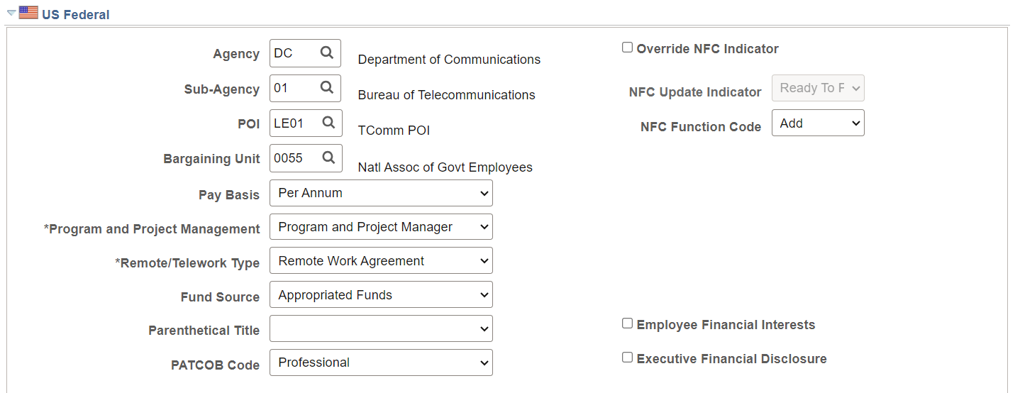 Job Code Profile page - US Federal section (1 of 2)