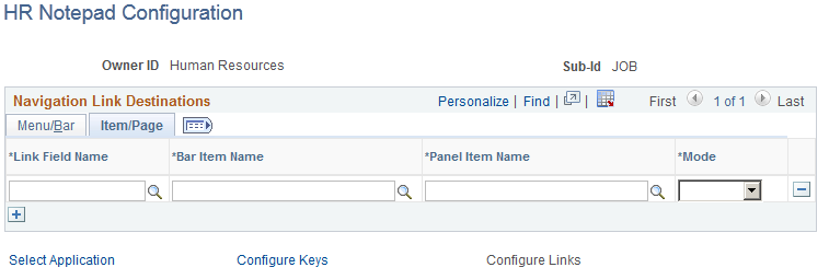 HR Notepad Configuration - Configure Links page: Item/Page tab