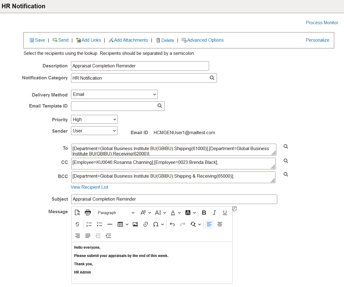 HR Notification Page with Priority and Sender