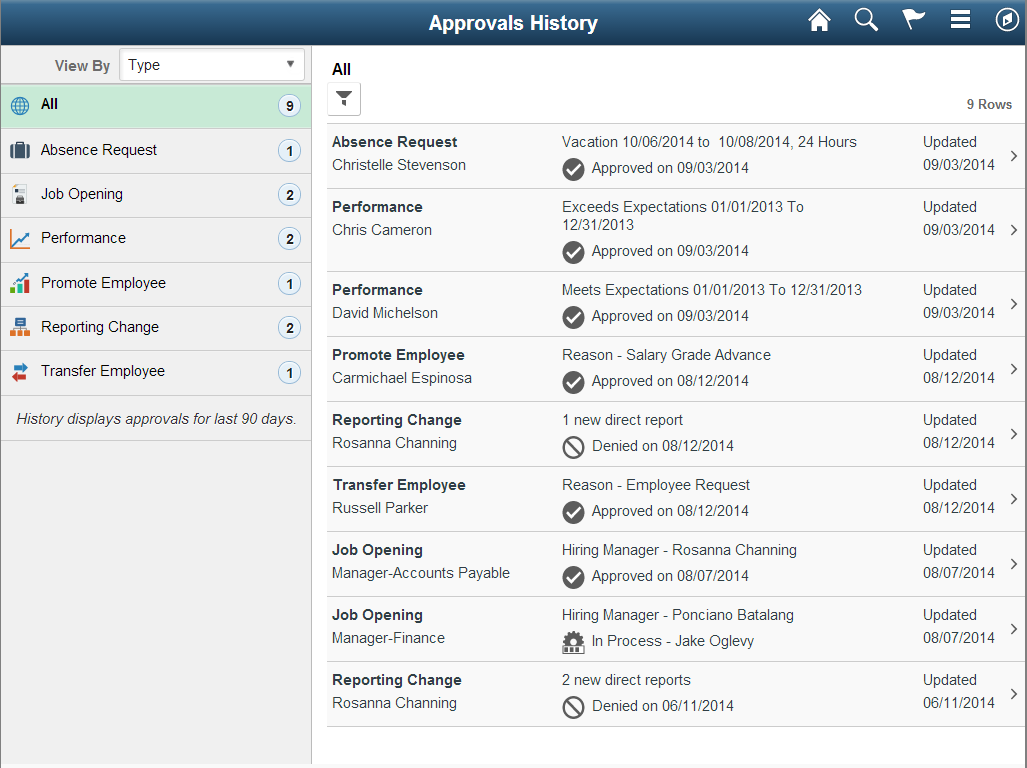 (Tablet) Approvals History page