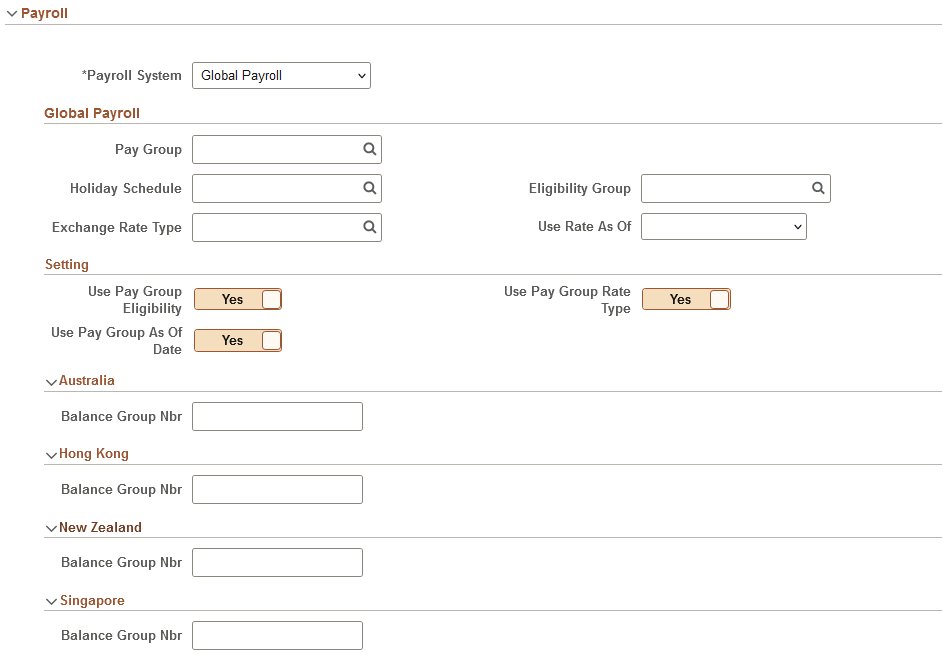 Job Data Page - Payroll Section for Global Payroll