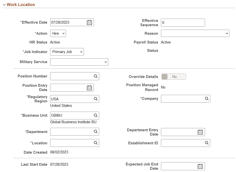 Job Data Page - Work Location Section (1 of 2)