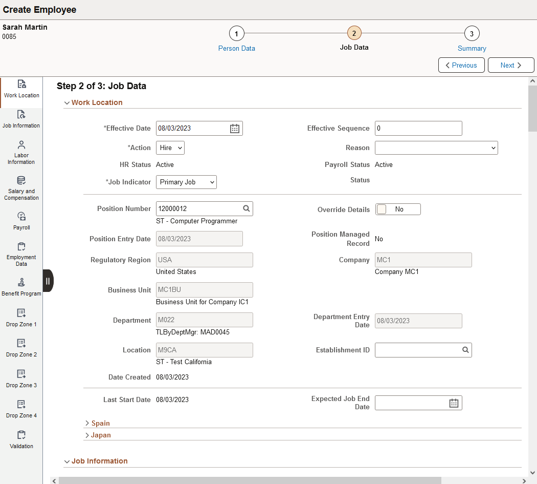 Job Data page layout in fluid