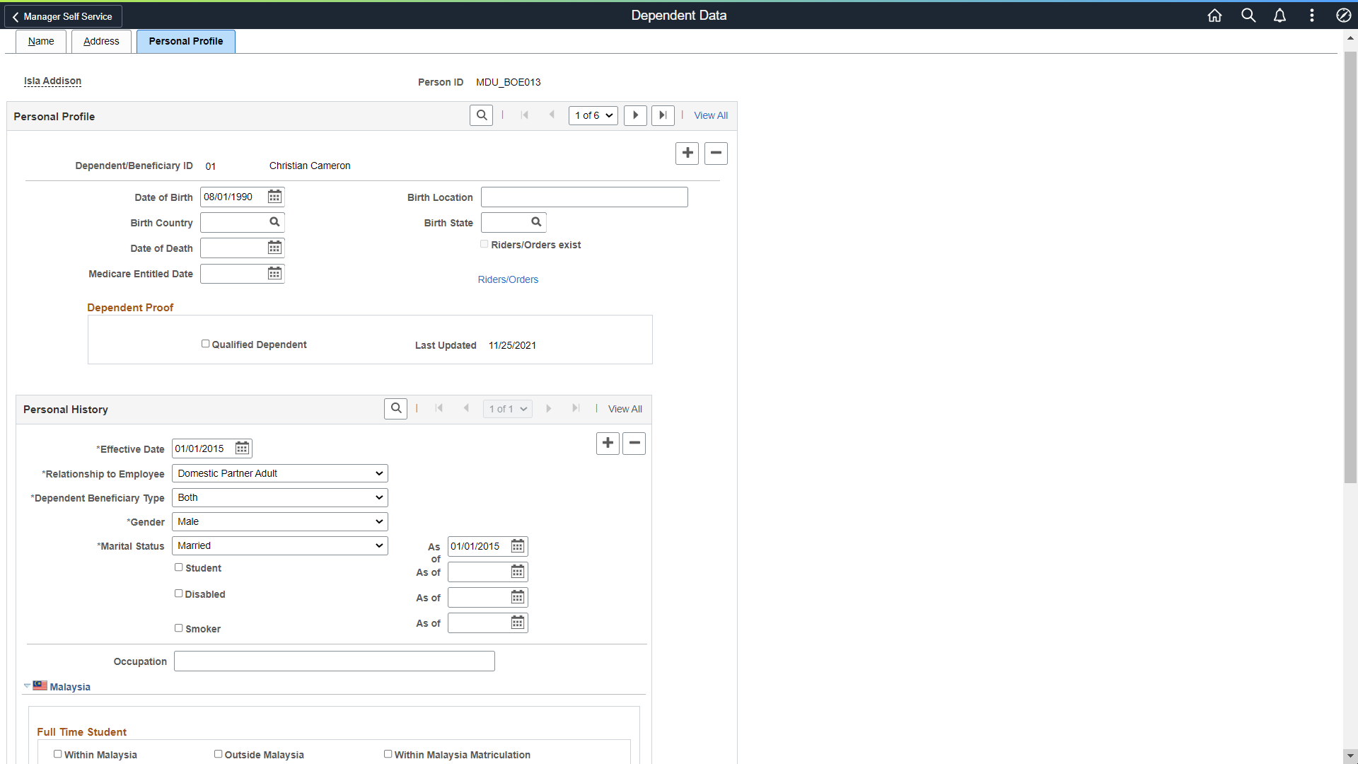 Dependent Data_Personal Profile page