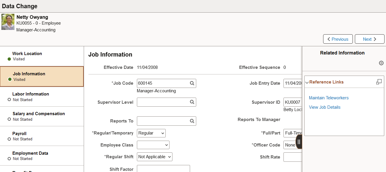 Supplementary panel options for the Manage Job Data pages