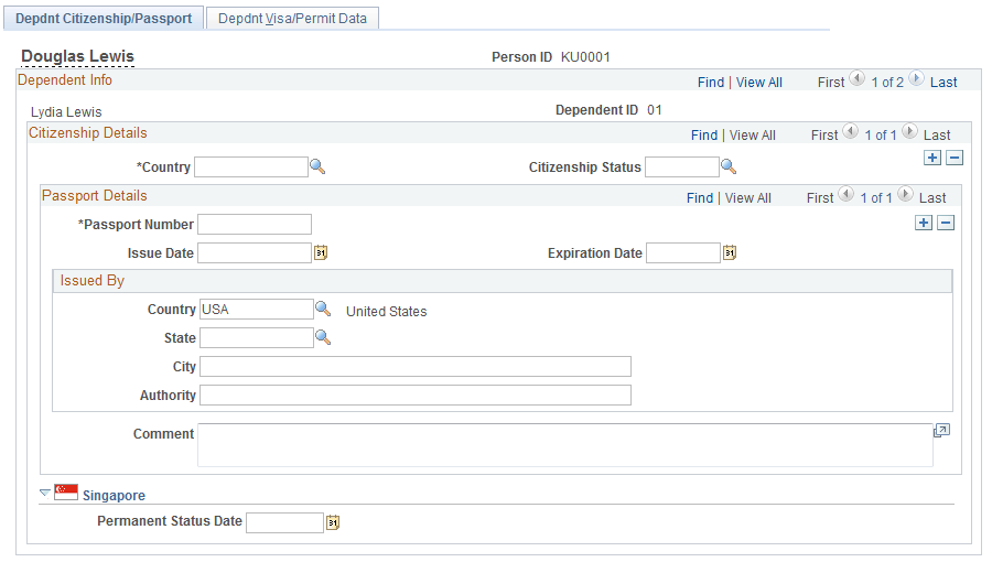 Tracking Dependent and Beneficiary Data - Depdnt Citizenship/Passport page