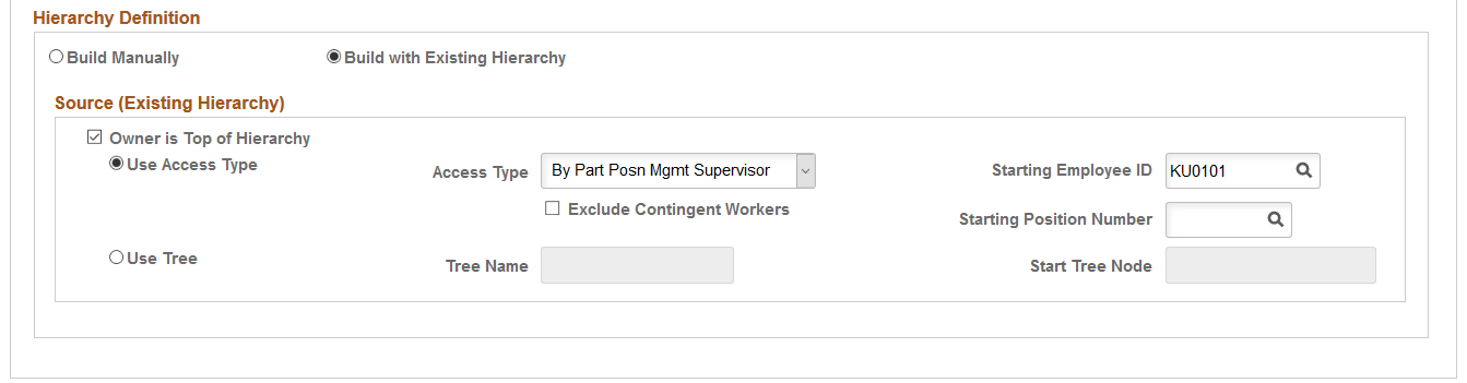 Matrix Team page showing the Hierarchy Definition group box with Build with Existing Hierarchy selected