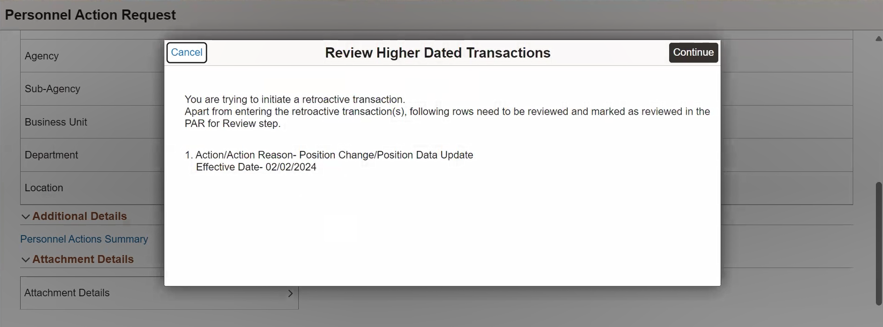 Review Higher Dated Transactions page for a retroactive approval transaction