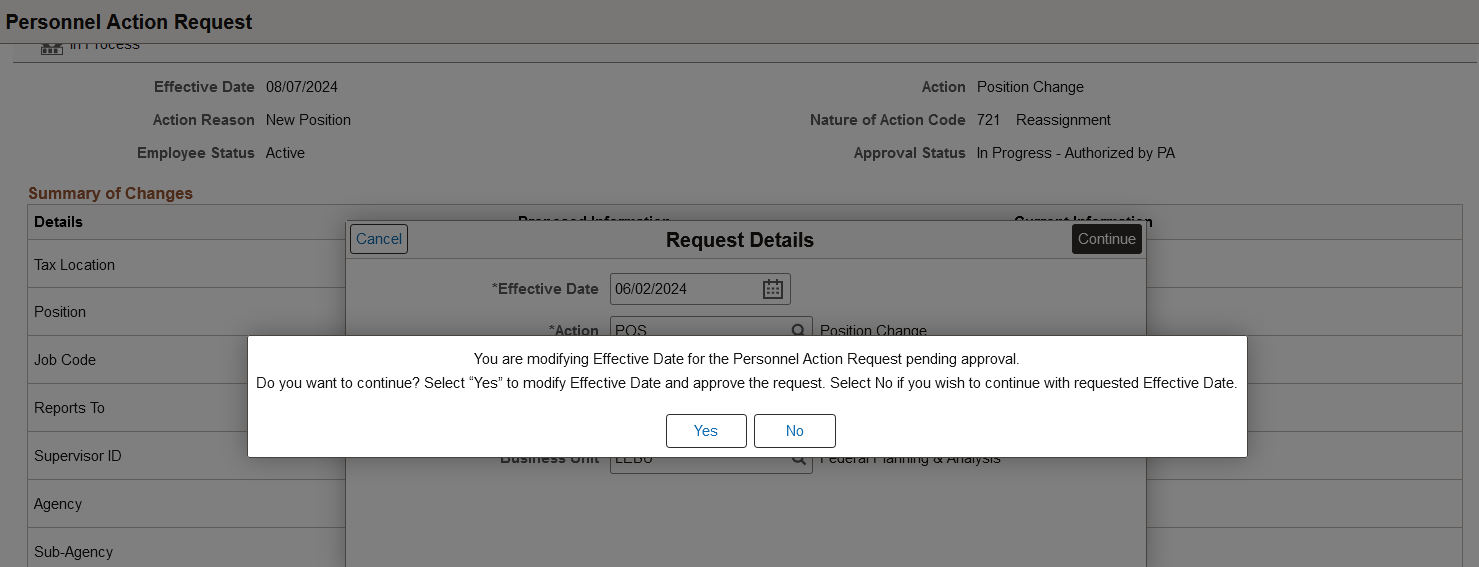 Modifying the effective date of a Personnel Action Request that is pending approval