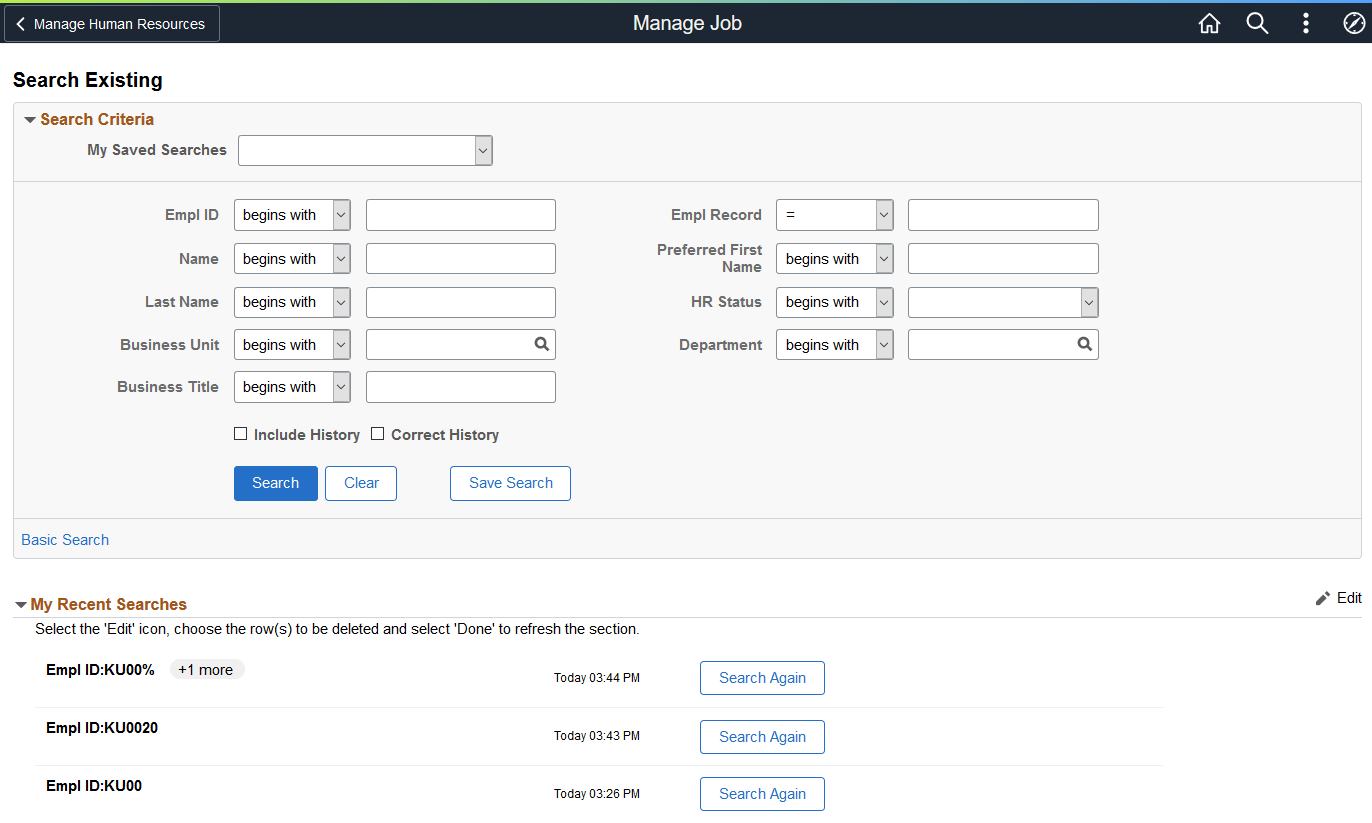 Example of the Manage Job - Search Criteria page