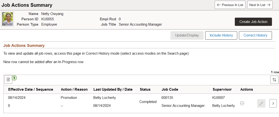 Job Actions Summary page