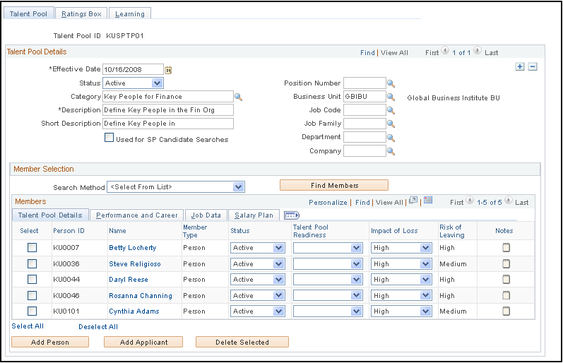 Manage Talent Pools - Talent Pool page