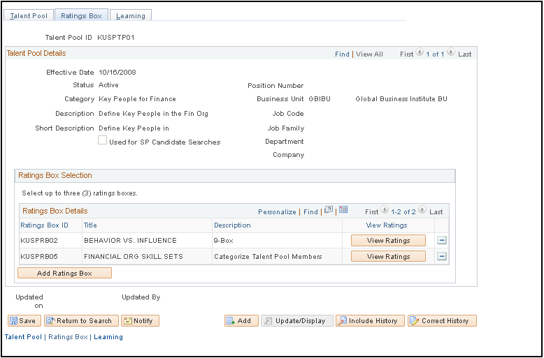 Manage Talent Pools - Ratings Box page