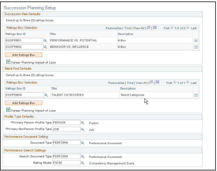 Succession Planning Setup page